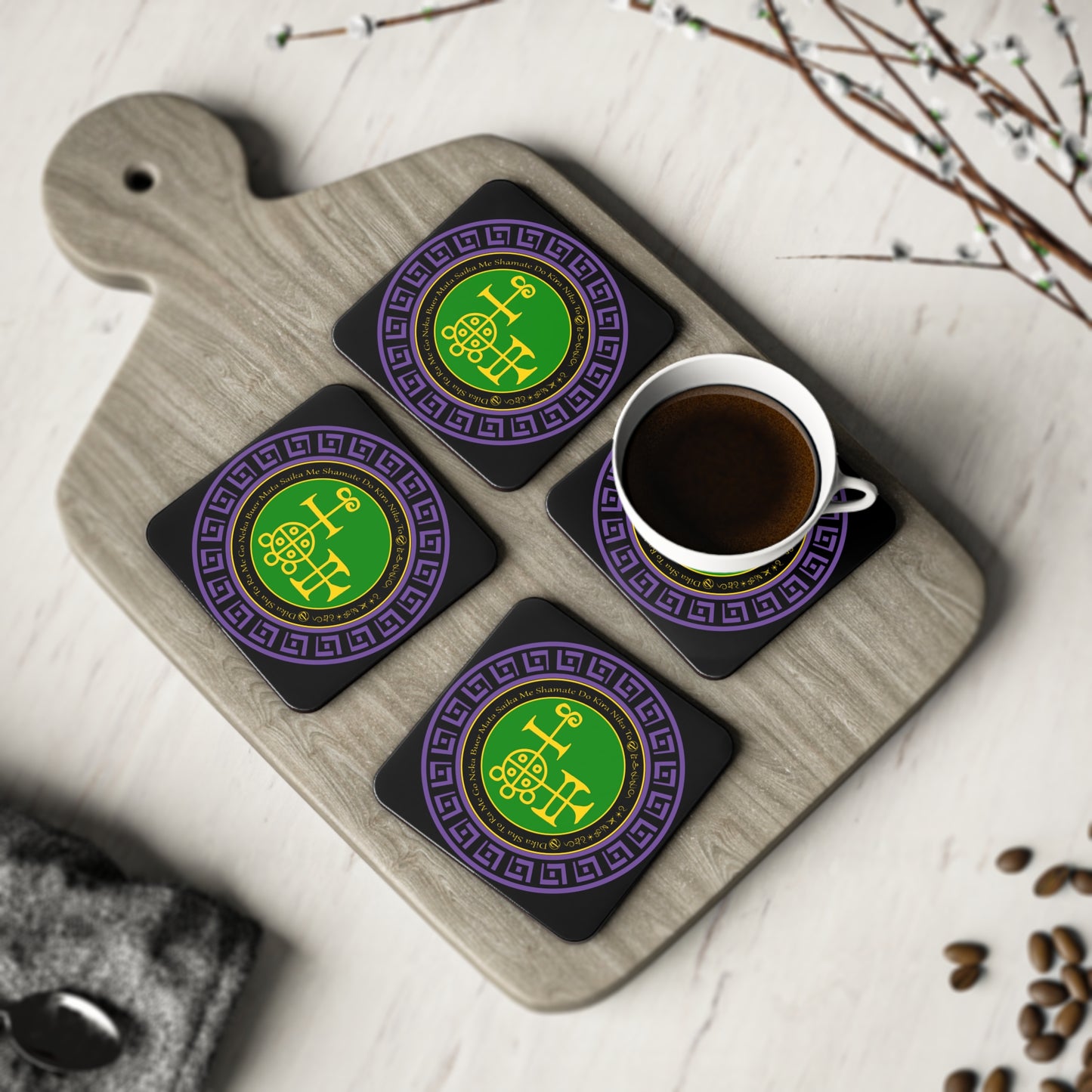 Demon Buer Coaster 4pcs ກັບ Sigil ແລະ Enn - Abraxas Amulets ® Magic ♾️ Talismans ♾️ ການລິເລີ່ມ