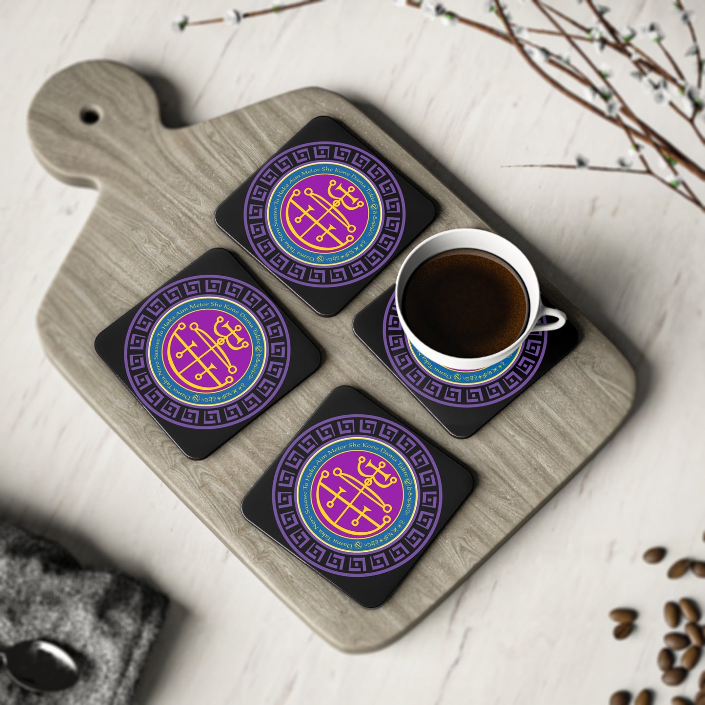 Demon Aim Coaster 4pcs ជាមួយ Sigil និង Enn - Abraxas Amulets ® Magic ♾️ Talismans ♾️ ការចាប់ផ្តើម